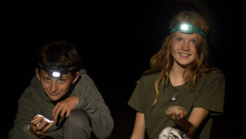 Kids at night with head lamps.